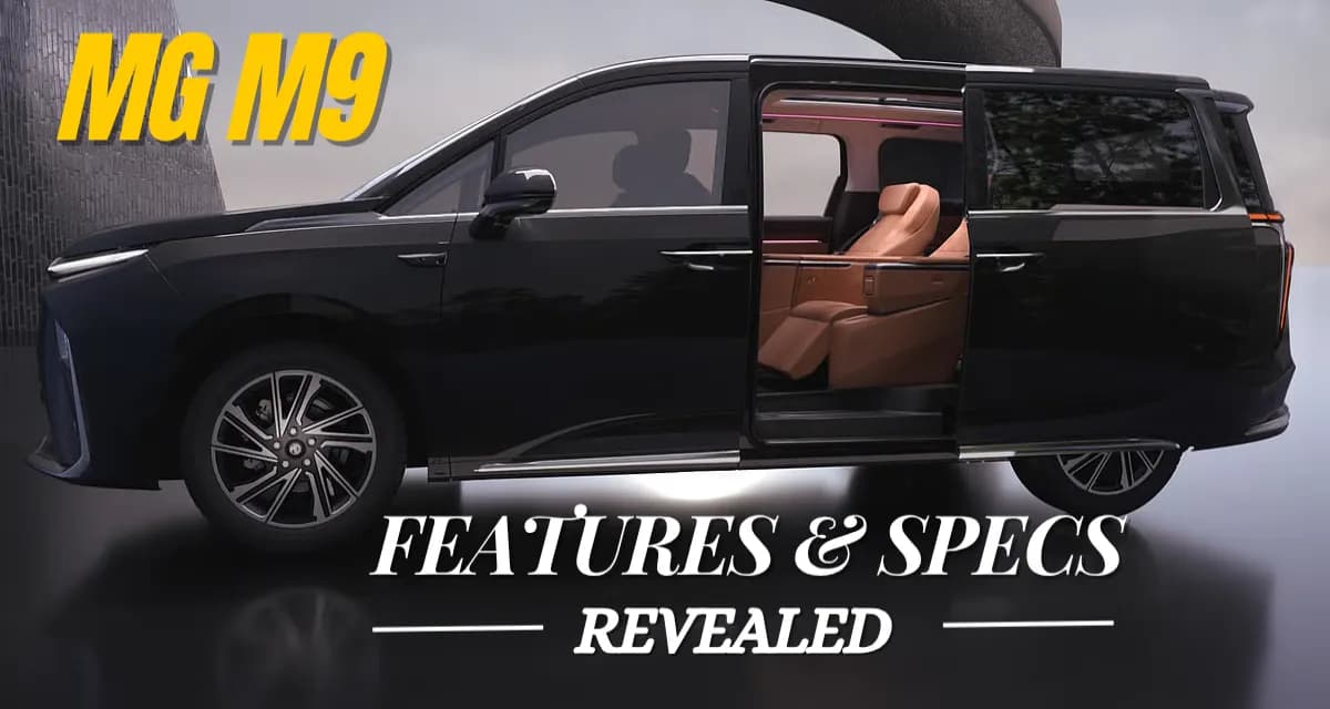 MG M9 BLACK VARIANT SIDE PROFILE WITH ONE DOOR OPENED. FEATURES AND SPECS REVEALED WRITTEN ON THE IMAGE