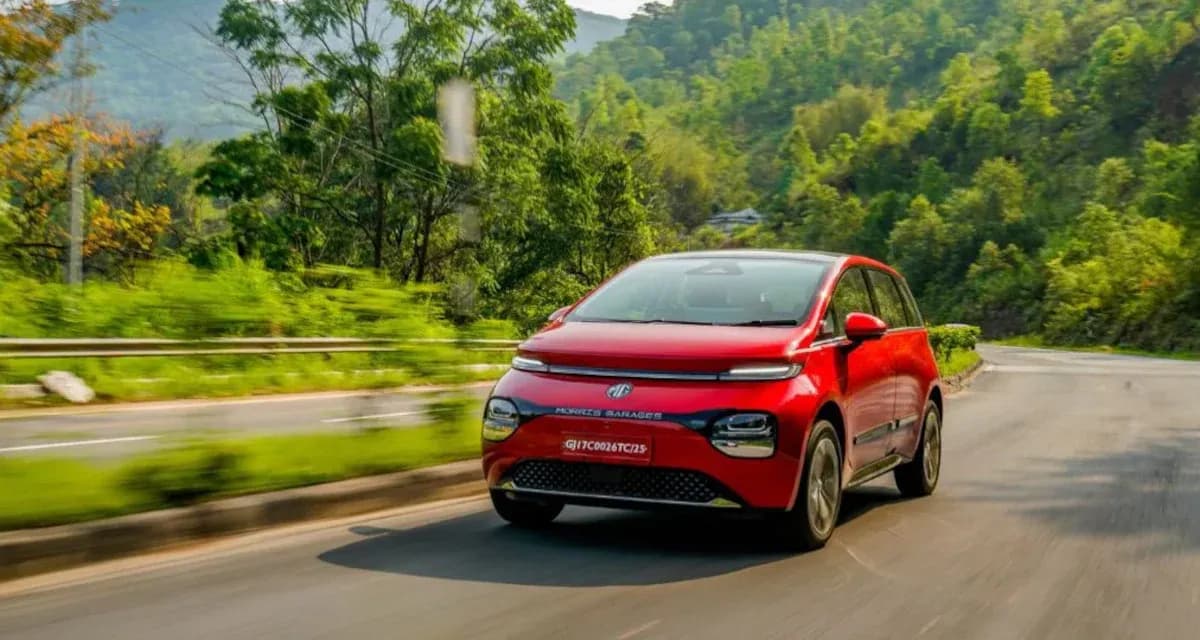 MG Windsor EV red on road